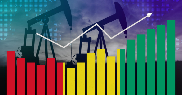 Plataformas de petróleo ao fundo e gráfico em barras mostrando elevação preços