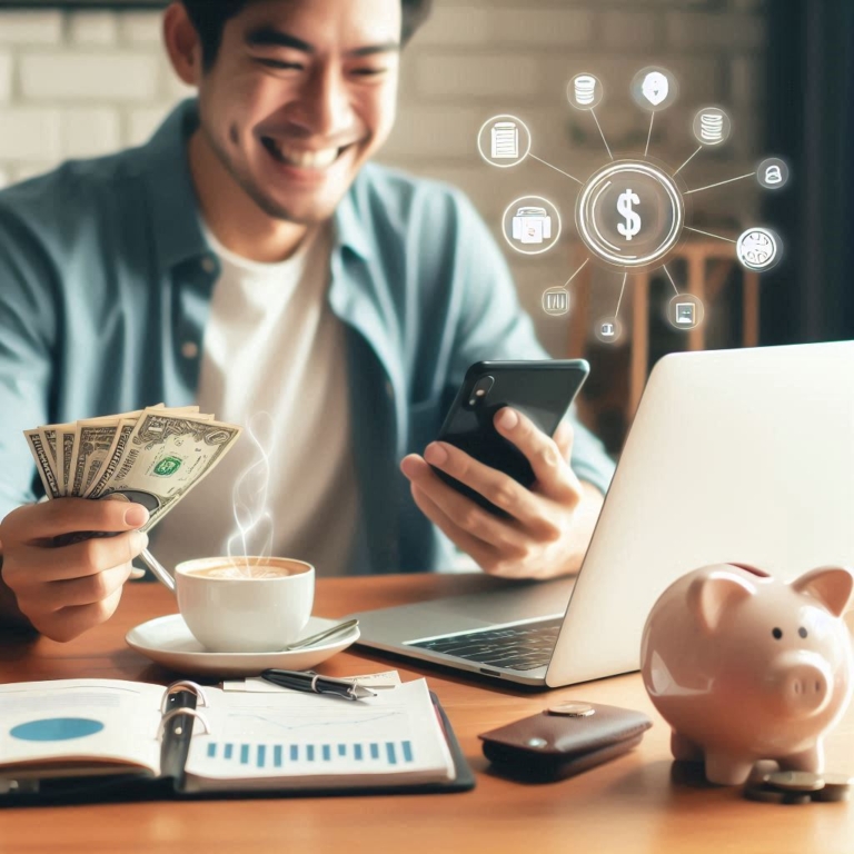 Pessoa verificando finanças online em um laptop, com um cofrinho e cédulas de dinheiro na mesa, simbolizando a economia sem necessidade de cortar gastos. Saiba guardar dinheiro