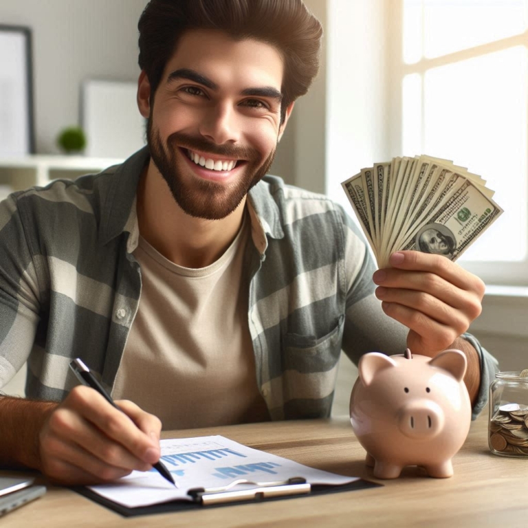 uma pessoa feliz organizando suas finanças em um ambiente doméstico, com cédulas de dinheiro e um cofrinho na mesa, representando economia rápida. como juntar dinheiro. como empreender